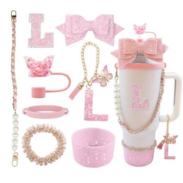 Imagem de Conjunto de 8 peças de acessórios para copo Stanley de 30 e 1,5 l com alça, incluindo topo de palha, bota, alça de alça de garrafa de água, decoração de arco de palha, pulseiras, pingente de letra