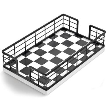 Imagem de Wican Suporte de toalha de hóspede bandeja para banheiro, suporte de guardanapos de carvalho e ferro para lavabo mesa de jantar cesta de madeira para toalhas de mão de papel descartáveis preto e