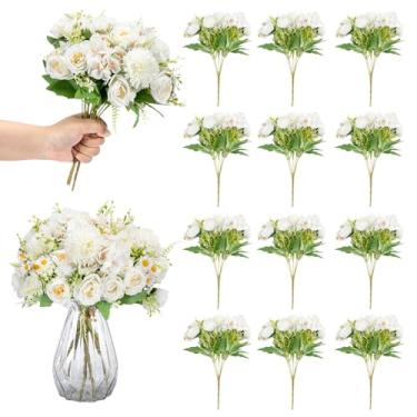 Imagem de KRFOONN 12 pacotes de flores artificiais, rosas brancas, mistas, plantas falsas, hortênsias, girassóis, flores de seda, buquês de rosas falsas para festa de casamento, decoração de casa