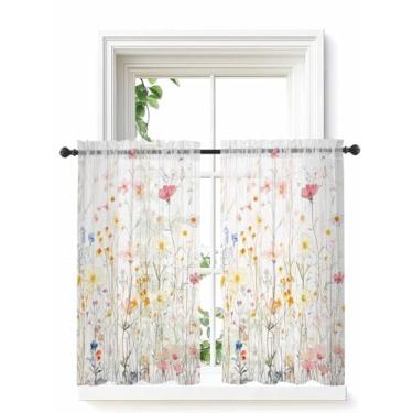 Imagem de Cortinas transparentes de flores de primavera para quarto, sala de estar, flores botânicas, meia janela, 114 cm de comprimento, cortinas de voile com bolso para varão, aquarela, flores silvestres