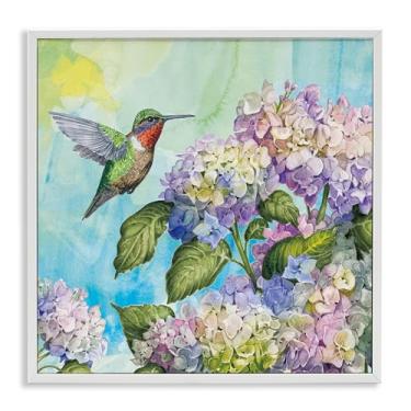 Imagem de Stupell Industries Design de arte giclée emoldurado branco beija-flor e hortênsias por Tim Coffey, 12 x 12