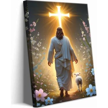 Imagem de Arte de parede em tela Jesus e cordeiro, cruz cristã, Jesus caminhando em direção à luz, decoração de parede, imagem religiosa, espiritual, pôsteres impressos, para sala de estar, quarto, decoração de