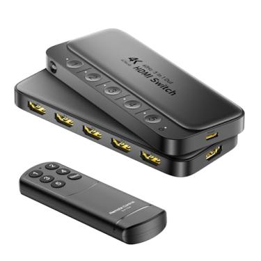 Imagem de ByteWave Interruptor HDMI 5 em 1 com controle remoto - 4K a 60Hz, HDCP2.3, HDR, 3D, suporte Dolby, caixa seletora de várias portas HDMI, hub de comutador de jogos 5x1 compatível com PS5 Nintendo