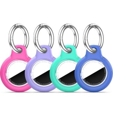 Imagem de Pacote com 4 Airtags de suporte à prova d'água com chaveiro Apple AirTag, capa rígida para PC AirTag, suporte antiarranhões e choques, chaveiros e chaveiros masculinos femininos - rosa vermelha + roxa