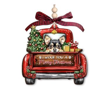 Imagem de Enfeite de Natal de madeira Chihuahua - Decoração de Natal de caminhão vermelho com presentes de árvore de Natal e uma citação de Feliz Natal - Enfeite de Natal rústico para amantes de cães