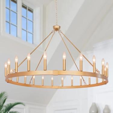 Imagem de Puyveyor Lustre de roda de vagão dourado 122 cm, lustres de roda de vagão de fazenda 24 luzes lustres redondos extra grandes para tetos altos sala de estar sala de jantar hall de entrada varanda