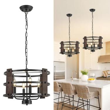 Imagem de Lustres Drum Farmhouse, luz pendente preta, montagem seminivelada, luminária de teto para pendurar metal e madeira, 4 luzes para sala de estar, cozinha, ilha, quarto, hall de entrada, corredor