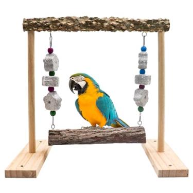 Imagem de Oooct Brinquedo De Balanço Para Pássaros, Suporte Madeira Papagaios Com Brinquedos Mastigação Pedra Cálcio, Rede, Acessórios Gaiola Periquitos, Calopsitas, Conures, Periquitos