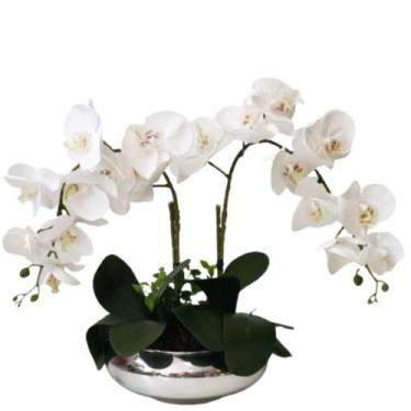 Imagem de Arranjo 2 Orquídeas Brancas 3D Artificiais Flores Vaso Prata - La Caza
