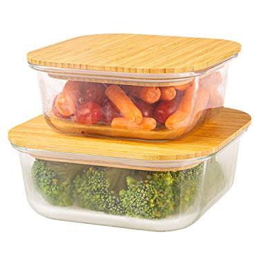 Imagem de Crutello Recipientes de armazenamento de vidro com tampas de bambu – Potes ecológicos e não tóxicos para preparação de refeições com tampa de madeira para organização de geladeira e cozinha –