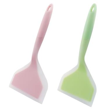 Imagem de Hitefu 2 peças de espátula de silicone, flipper de panqueca larga, pá Tamagoyaki, flipper de ovo antiaderente livre de BPA para omelete, pizza, bife e peixe (verde e rosa)