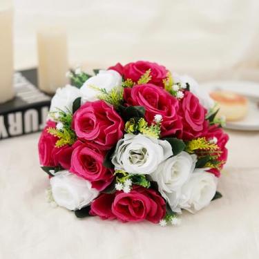 Imagem de Bola de flores artificiais, rosas, base de plástico verde, centro de mesa para decoração de casamento, buquês de festa, adereços, arranjos faça você mesmo (rosa vermelha)
