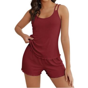 Imagem de Conjunto de pijamas e shorts femininos de malha canelada Ekouaer