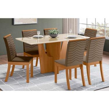 Imagem de Conjunto: Mesa Sala Jantar Vértice c/ Tampo Reto Madeirado c/ Vidro 160x80cm e 6 Cadeiras Isa Nature/Suede Light Bege - Henn