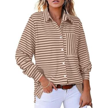 Imagem de Camisa feminina elegante, listrada, com botões, castanha, grande - Ast