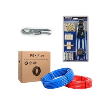 Imagem de EFIELD Kit de instalação de encanamento de tubo PEX de 1/5.1 cm: tubulação Pex-b de 1,27 cm x 61 m (vermelho de 30,5 m + azul de 30,5 m), 12 peças de acessórios de latão Pex, ferramenta de fixação de