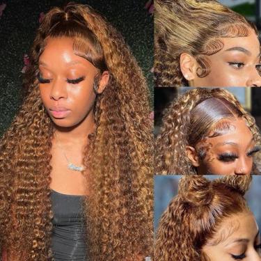 Imagem de Peruca frontal de renda bangjazz Highlight Ombre Deep Wave 180% de den