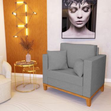 Imagem de Poltrona Beny Decorativa com 2 Almofadas Linho Cinza Base em Madeira Maciça