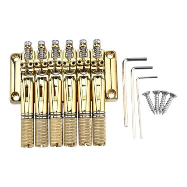 Imagem de OVSAL Ponte de guitarra elétrica sem cabeça de 10,5 mm, ponte dourada para baixo sem cabeça, selas de latão, placa de liga de zinco, ponte para guitarra elétrica, ponte de 6 cordas sem cabeça, ponte