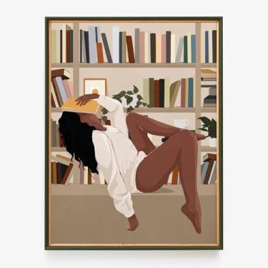 Imagem de Arte de parede boho afro-americana garota negra lendo pôster em tela boho afro-americano relaxar lendo livro arte mulher negra lendo pôster arte amante de livros para decoração de sala de estar, sem