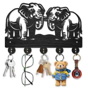 Imagem de MAYJOYDIY Porta-chaves de elefante de madeira para parede, floresta, animal, chaveiro, cabide de 29 x 19 cm, suporte de parede para animais selvagens, com 5 ganchos de liga para entrada, cozinha