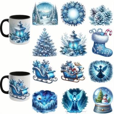 Imagem de 12 peças de pinheiro azul com ângulo de Natal UV DTF adesivo de transferência à prova d'água para copos de vidro, móveis, artesanato DIY, adesivos de transferência para garrafa de água faça você mesmo