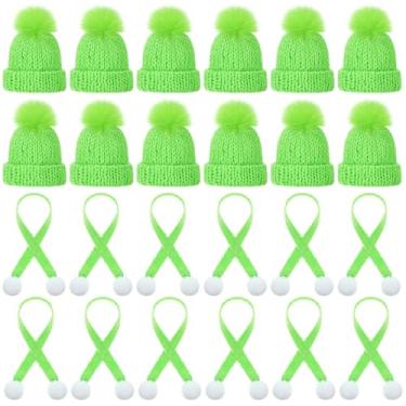Imagem de Bencailor Conjunto de 48 mini chapéus de tricô de Natal e mini cachecol de Natal, gorro de tricô, cachecol de Papai Noel, enfeites de árvore para decoração de boneca de arte DIY (verde limão)