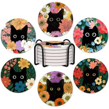 Imagem de 6 peças de porta-copos de gato preto com suporte, porta-copos de cerâmica de gato floral fofo para tipos de xícaras, decoração de mesa de café, presentes para amantes de gatos