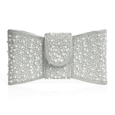 Imagem de CARIEDO Bolsa feminina com laço de strass pérola - coquetel de formatura de casamento, Ho2-prata