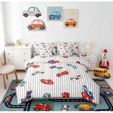 Imagem de Feelyou Jogo de cama casal com desenho animado de carro de corrida, 7 peças, para crianças, meninos, meninas, esportes radicais, macio, leve