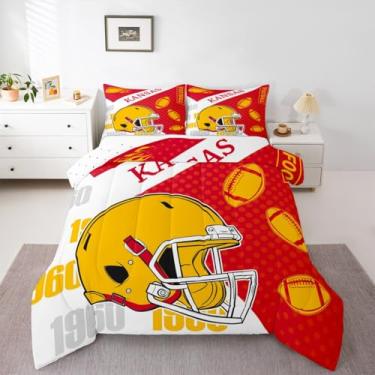 Imagem de Feelyou Jogo de cama casal de futebol americano Kansas para crianças, meninos, meninas, futebol americano, cidade, edredom para decoração de quarto, microfibra, 3 peças com 2 fronhas