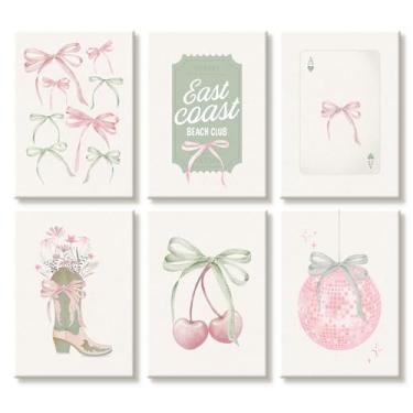 Imagem de Arte de parede com laço rosa coquete impressões em tela decoração de parede de dormitório feminino pôster estético preppy botas Sage Gree imagens na moda pintura fofa disco cereja arte para quarto de