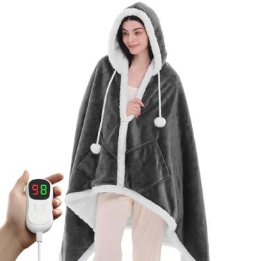 Imagem de PLOATH Xale de cobertor elétrico aquecido: Poncho de arremesso - moletom com capuz vestível sherpa com 10 níveis de aquecimento e várias configurações de tempo (101 x 172 cm cinza escuro)