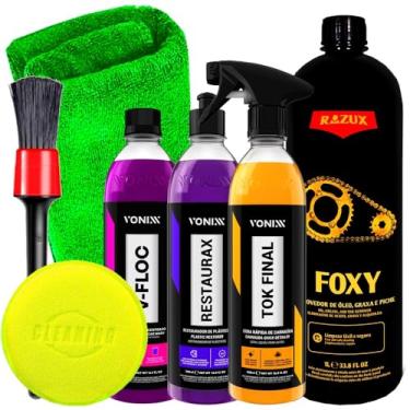 Imagem de Kit Vonixx Limpeza Automotiva V-Floc Foxy Restaurax Tok Final Pincel Toalha Microfibra Aplicador Espuma Karbox