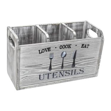 Imagem de FytStycale Suporte para utensílios de cozinha, organizador de utensílios de madeira, caixa de armazenamento rústica de madeira, pote de para hotéis, fazenda, Cinza