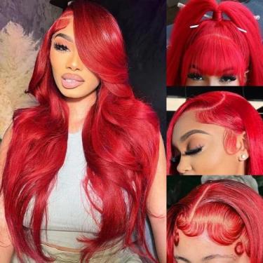 Imagem de Peruca frontal de renda amzhair Red Body Wave Human Hair 13x4 HD
