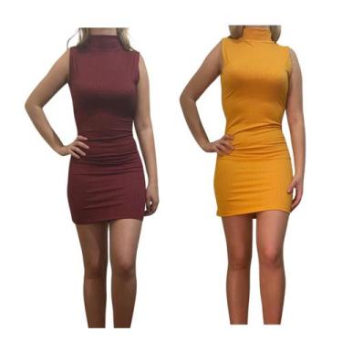 Imagem de KIT C/2 Vestidos Gola Alta Canelado - Emporio J, Vinho, Mostarda, Unic