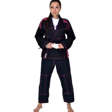 Imagem de Kimono Jiu Jitsu Feminino Preto Costura Rosa Pink F1 - Até 1,60m e 60kg