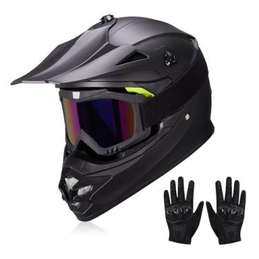 Imagem de JQF Gear Capacetes infantis de motocross off-road ATV BMX MX Dirtbike capacete J-01 com óculos e luvas aprovado pelo DOT (preto plano, GG)
