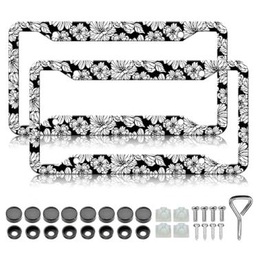 Imagem de Moldura de placa de licença de flores pretas e brancas - 2 peças de suporte de placa de licença floral de flores personalizadas, decoração de capa de placa de licença de aço inoxidável à prova de