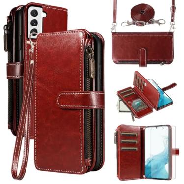 Imagem de Asuwish Capa de celular para Samsung Galaxy S22 5G com protetor de tela de vidro temperado e cordão com zíper, porta-cartões, suporte, acessórios para celular S 22 22S 4G G5 15.5 cm feminino marrom