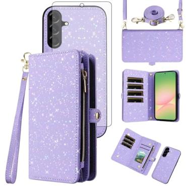 Imagem de Asuwish Capa de telefone para Samsung Galaxy A56 5G carteira com zíper magnética destacável com protetor de tela de vidro temperado e suporte de cartão com glitter, acessórios de celular A 56 56A LTE