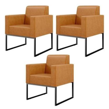 Imagem de Kit 03 Poltronas Base Fixa Metal material sintético Whisky - LYAM DECO