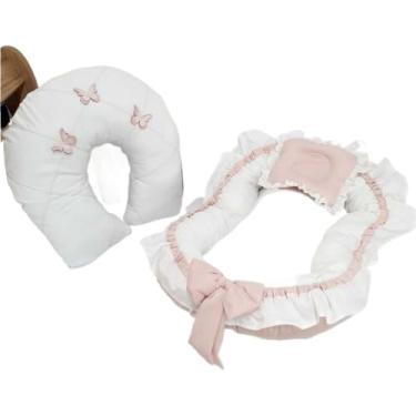Imagem de Almofada De AmamentaçãO + ColchãO ConfortáVel | Design Em Forma De Asa De Borboleta, Conjunto Decorativo Completo(ROSE/BRANCO,COM ZÍPER)