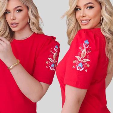 Imagem de Blusa Bordada Feminina Algodão com Elastano Princesa - NoBrand, Flor, 