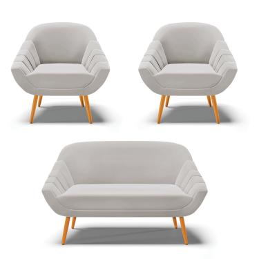 Imagem de Kit 01 Namoradeira 02 Lugares e 02 Poltronas Giovana Veludo Cinza Pés Palito Castanho - D'Rossi