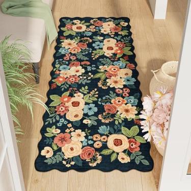 Imagem de DUKINO Tapetes laváveis de 5 x 12 cm, tapete de entrada com estampa floral antiderrapante com pelo baixo macio, tapete leve para sala de estar, banheiro, quarto, cozinha, azul marinho