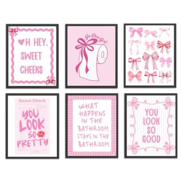 Imagem de 6 peças de arte de parede de banheiro com laço rosa, pôsteres de papel coquete com laço, arte de parede retrô moderna para banheiro (20 x 25 sem moldura)