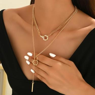 Imagem de Colar gargantilha de corrente grossa em camadas para mulheres, pingente geométrico, moderno, colar em Y, joia delicada, One Size, Metal, Sem Pedra Preciosa