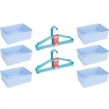 Imagem de Kit 6 Cestos Multiuso E 10 Cabides Infantil Reforçado Azul